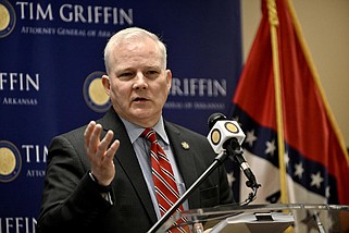Attorney General Tim Griffin announces that he is filing a suit over the Biden Administration's new rule regarding the ability of private collectors and hobbyists to buy and sell firearms during a press conference Wednesday, May 1, 2024 at the Attorney General’s office in Little Rock. (Arkansas Democrat-Gazette/Staci Vandagriff)